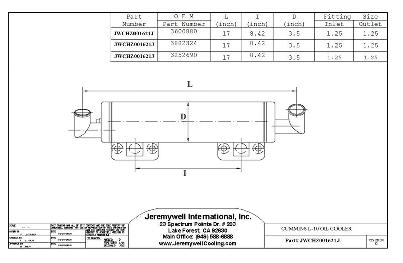 JWCHZ001621J Aftermarket Replacement for: Cummins L10 Engine Oil Cooler  3600880  3882324