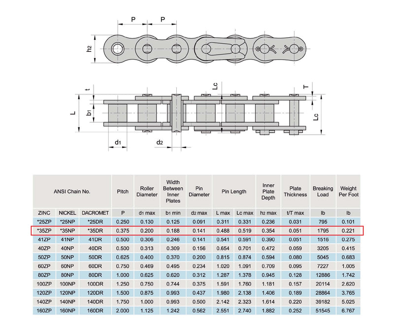 35NP Nickel Plated Roller Chain 10ft with 1 Connecting Link