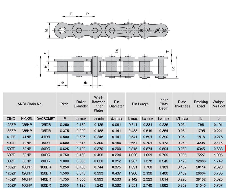 50NP Nickel Plated Roller Chain 10 Feet with 1 Connecting Link Anti-Corrosion