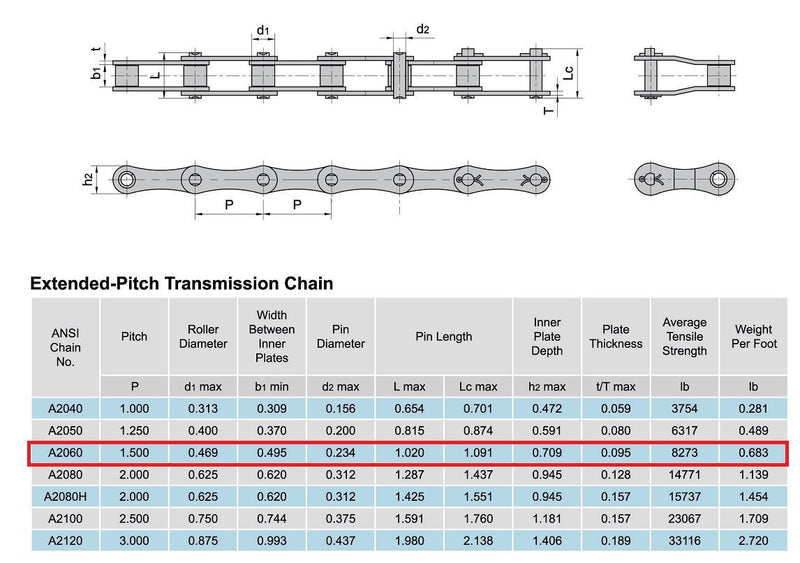 A2060 Conveyor Roller Chain 10 Feet with 1 Connecting Link